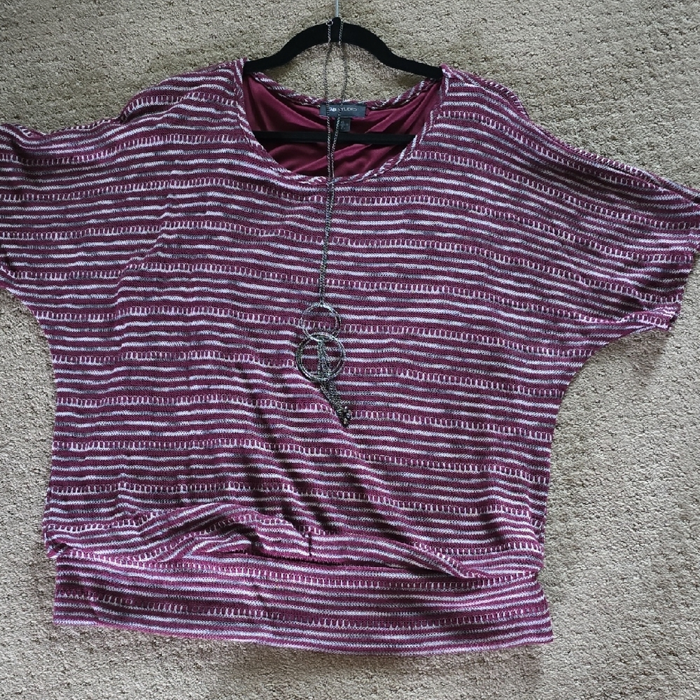 AB Studio Burgundy Striped Short Sleeve Top
